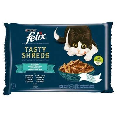 FELIX Tasty Shreds nourriture humide pour chat avec saumon et thon en sauce 4x80g