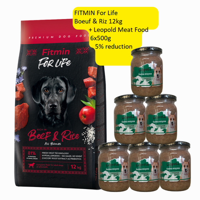 FITMIN For Life Beef & Rice 12kg + Aliment pour viande Leopold 6x500g 5 % de réduction