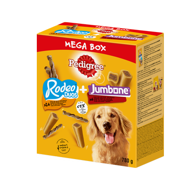 PEDIGREE® Mega Box Rodeo™ et Jumbone™ friandises pour chiens adultes (saveurs poulet, bacon, bœuf et volaille) - 780 g.