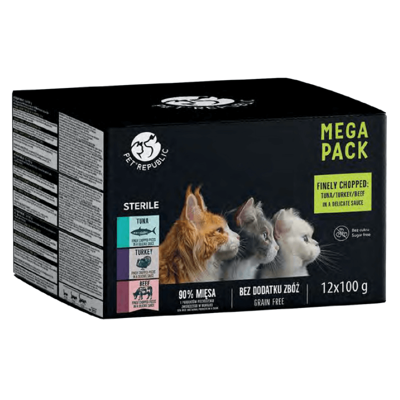 PetRepublic nourriture humide pour chats après stérilisation morceaux en sauce délicate MIX 3 saveurs 12x100g