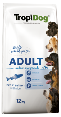 Tropidog Premium  Adult Medium & Large Breeds Saumon et Riz 12kg + Surprise gratuite pour chien