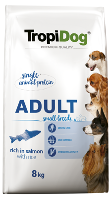Tropidog Premium Adultes Petites Races Saumon et Riz 8kg + Surprise gratuite pour chien